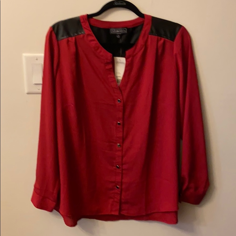 Red Blouse with Faux Leather Detail